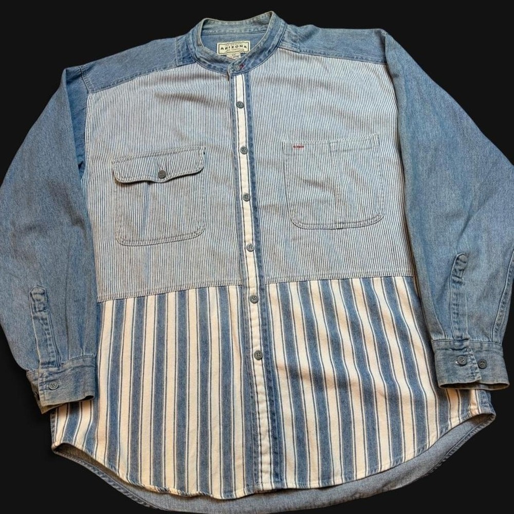 Vintage Arizona blue striped colorblock metal button casual shirt size medium